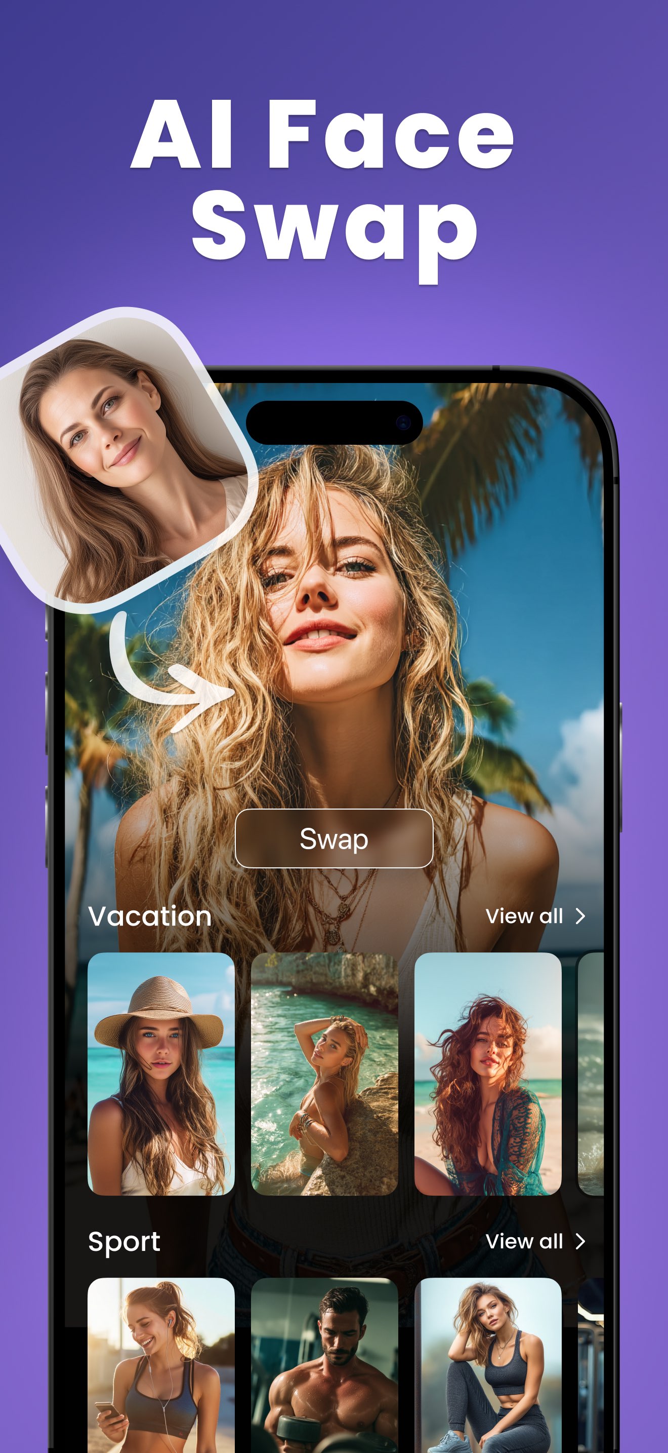 SwapTo AI Face Swap placing a user's face into a sun-soaked beach template, with rows of Vacation and Sport swap templates below and a Swap button