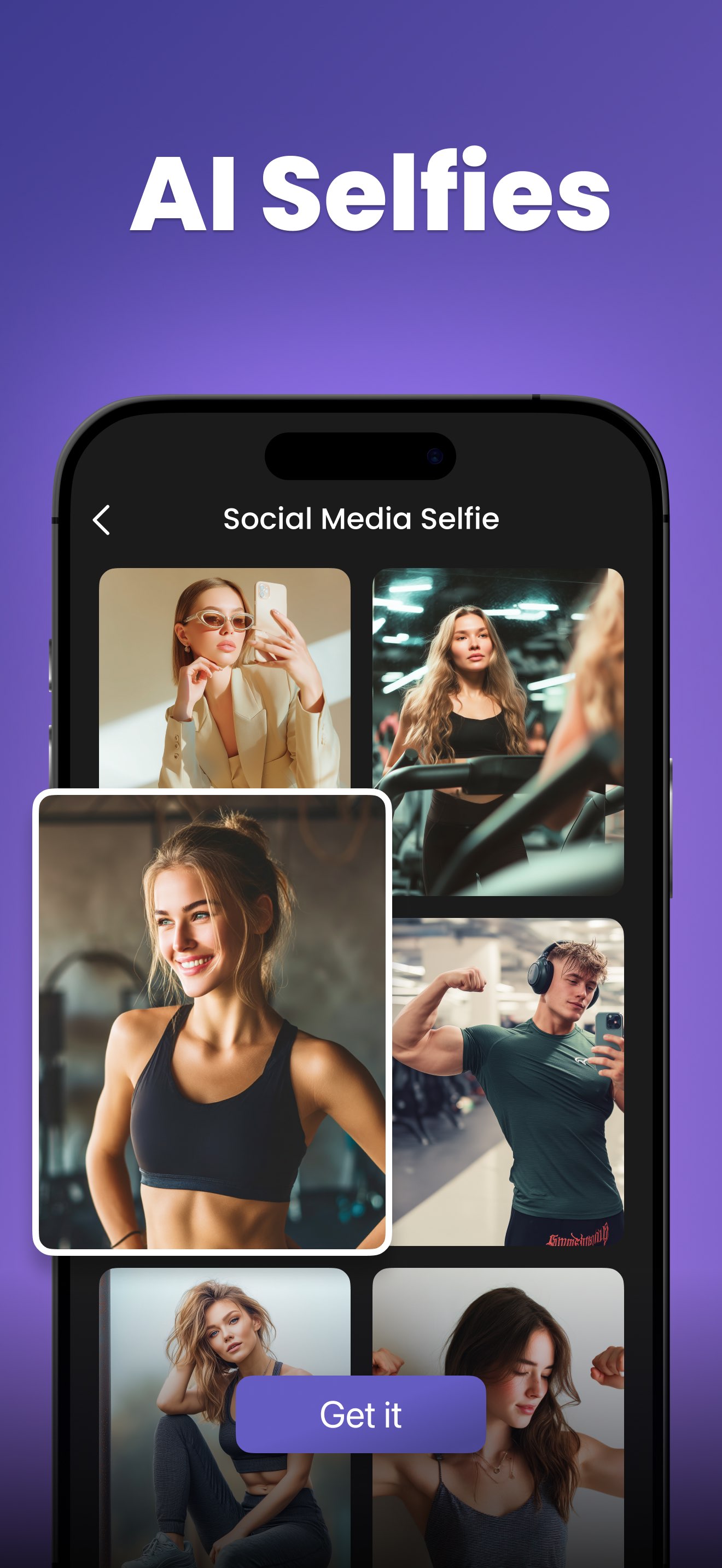 SwapTo's AI Selfies gallery — a staggered grid of social-media-style selfie templates spanning fashion, gym, and lifestyle looks